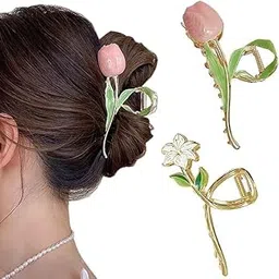 ADORNISH Lily Flower Hair Claw Clips, Metal Floral Design, Pink and Gold, Pack of 2-picture-16