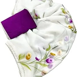 arkia Floral Print Georgette Hand Printed Saree with Purple Blouse, White Base with Tulip Design, Moti Border-picture-55