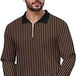 kajaru Men's Striped Long Sleeve Polo Shirt, Black Collar, Front Zipper, Black Vertical Stripes-picture-19