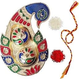 Feastive Celebration Dancing Peacock Meenakari Pooja Thali Set for Bhai Dooj, Rakhi & Diwali | Includes Mauli, Tilak, Decorative Plate | Traditional Gift Item-image-42