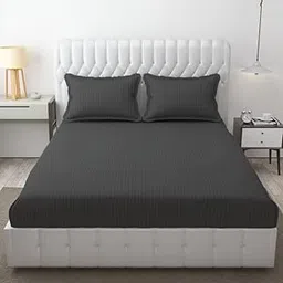 Roman. Glace Cotton Striped/Lining, Solid Plain Color, Bedsheet With Two Pillow Covers For Double Bed Queen Size Home, Hotels, Guest House, Dark Grey, 300 Tc-image-18