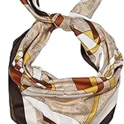 Luxury Silk Satin Square Scarf for Women – Vintage Floral Print with Brown, Yellow & Cream Geometric Design – 35x35 Inches-image-3