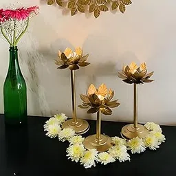 Easyera Iron Lotus Golden Tealight Candle Holder Shaped Stand, Set of 3 Home Decoration, Diwali,Ganesh Chaturthi, Festival Occasions Size 12,10,8 Inch-image-18