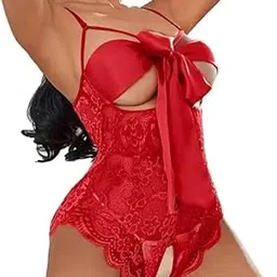 Elegant Lace Babydoll Lingerie Set with Satin Bow, Wine Red, Floral Pattern, Adjustable Straps-picture-10