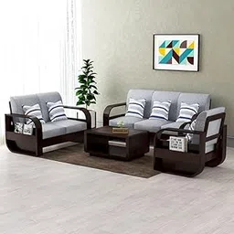 Sheesham Wood 6 Seater Sofa Set for Living Room Furniture Wooden Sofa Set 6 Seater for Home & Office (3+2+1, Walnut Finish) | 6 Seater Wooden Sofa image 1
