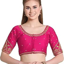 Woman Milan Silk Round Neck with Half Sleeve with khatli Work Embroidered Open Back Readymade Blouse 38 Size-image-46