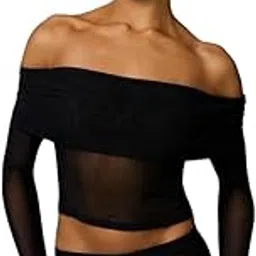 ootdfy Women's Off Shoulder Mesh Crop Top, Black, Sheer Design, Long Sleeve, Fitted Style, Evening-picture-44