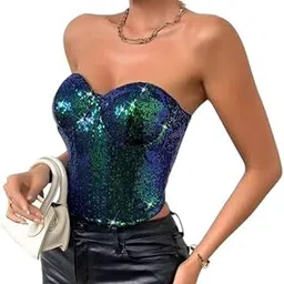 plush & dainty lingerie Women's Sequin Bustier Corset Tank Top, Adjustable Straps, Free Size-picture-42