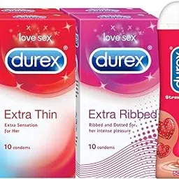 Durex Pleasure Packs (Condoms - 10 Count (Pack of 2, Extra Thin), Condoms - 10 Count (Pack of 2, Extra Ribbed), Pleasure Gel - 50 ml (Strawberry))-picture-31