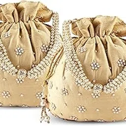 Pack of 2 Potli Bags for Ladies & Girls | Women Shagun Pouches for Festive Seasons | Batwa Bag Bridal Purse with Moti Design - Golden-image-22