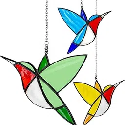 FANMOMOCAI Stained Glass Hummingbird Window Hangings Handcrafted Tiffany Style Sun Catcher Little Bird for Garden, 3 Colors in one Box (Tricolor Suit)-picture-31