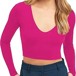 the blazze Women's Cotton Stylish Stretchable Deep V Neck Full Sleeve Readymade Crop Top T-Shirt for Women L441-picture-57