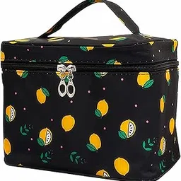 House of Quirk Travel Toiletry Bag, Portable Makeup Bags for Women Girls, Large Zipper Cosmetic Case (Black Lemon)-image-43