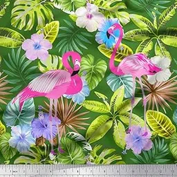Soimoi Green Cotton Canvas Fabric Flamingo,Tropical Leaves & Floral Fabric Prints by Meter 56 Inch Wide-picture-19