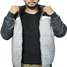 rvs collections Men's Winter Puffer Jacket, Grey and Dark Grey Colour Block Design, Quilted Bomber Style image 1