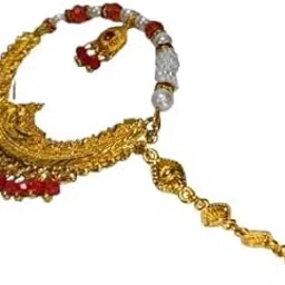 Traditional Indian Bridal Nath Nose Ring, Gold-Toned with Red Beads, Wedding and Festival Jewellery-image-2