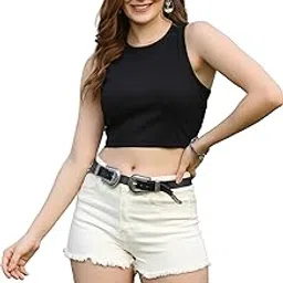 Women's & Girls' Solid Asymmetrical Round Neck Cotton & Rayon Crop Top-image-18