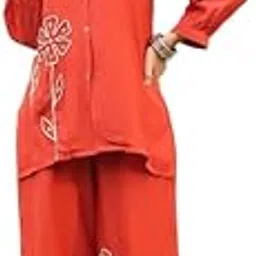 Women's Orange Embroidery Russian Silk Co-ord Set-image-14
