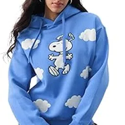 the souled store Peanuts: Cloudy Day Women and Girls Long Sleeves Hooded Neck Blue Embroidered Cotton Blend Oversized Hoodies-picture-33