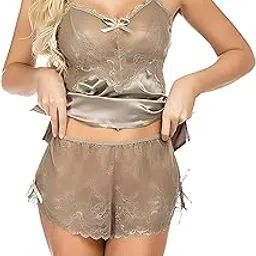 febeul Sexy Transparent Pajama Set for Women Lace Cami and Shorts Two Piece Satin Lingerie Honeymoon Western Nightwear Dress-picture-50
