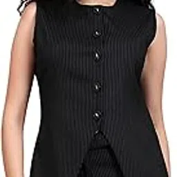 powersutra Black Pinstriped Co-Ord Set for Women | Sleeveless Tailored Button-Down Top & Flared Trousers, Elegant Office & Evening Outfit, Viscose Rayon-picture-20