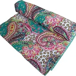 Creations Creations Traditional Ethnic Kantha Indian Bedding Emerald Cotton Tropical Fruit Hand Stitched Bedding Bed Cover by Textile art Creations Creations(90x108 Inch)-picture-12