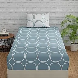 Huesland by Ahmedabad Cotton 144 TC Fitted Cotton Bedsheet Single Bed with 1 Pillow Cover | 36x78 inches, Blue & White-picture-13