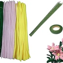 Pandeji 251pc Pipe Cleaners Flower Making Kit, Arts and Craft Supplies, Pipe Cleaners Chenille Stem with Green Wire & Floral Tape (100pc Light Pink, 100pc Green, 25pc Yellow) image 1