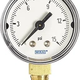 WIKA 9747222 Commercial Pressure Gauge, Dry-Filled, Copper Alloy Wetted Parts, 1-1/2" Dial, 0-15 psi Range, +/-3/2/3% Accuracy, 1/8" Male NPT Connection, Bottom Mount-picture-38