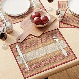 Encasa XO Handcrafted Madurkathi River Grass Placemats Set of 4 for 4 Seater – Washable & Heat Resistant Placemats for Dining Table – 30x42 cm, Red-image-38