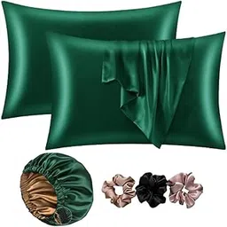 Go well Satin Bonnet for Curly Hair with Free Silk Satin Pillow Covers and Scrunchies | Silk Bonnet for Hair|Best Gift Combo of Pack of 2 Satin Pillowcases with 3 Silk Scrunchies HairCap (green)-picture-31