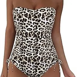 firpearl Womens One Piece Leopard Bathing Suit Strapless Slimming Tummy Control Swimwear Side Drawstring Ruched Leopard Swimsuit US18-picture-27