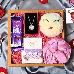 Bhai dooj gift hamper for sister/bhai dooj gift for sister/bhai dooj gift for sister combo set-Cadbury dairy milk chocolate+hair pins+pendent with chain+scrunchy+kitty shaped purse+card-image-43