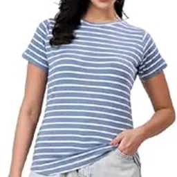 Women's Casual Striped T-Shirt, Round Neck, Blue and White Stripe-picture-46