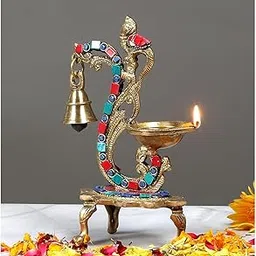 Antique Brass Diya with Bell and Gemstone Peacock Design - 8 Inch Traditional Indian Oil Lamp for Home Decor & Diwali Celebration, Puja Ceremonies-image-0