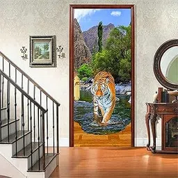 WHITECRAFTS 3D Tiger in River Design Peel Stick Door Wallpaper | Self-Adhesive Vinyl Sticker | Peel and Stick Murals for Doors, Almirahs, Tables, Fridges | Waterproof, (30x78 inch) | 743 image 1