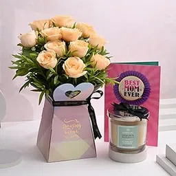 FlowerAura Fresh Live 12 Peach Roses In Box Flower Bouquet With Candle & Greeting Card | Gift For Mother | Gift For Mom | Gift For Maa | Gift For Mother-In-Law | Mother's Day Gift (Same Day Delivery)-image-14