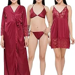 romaisa Women's Satin Solid Above Knee Length Nighty with Robe and Bra with Thong (Size__Free Size) (Nightwear Set Pack of 4)-picture-12