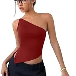 TIVANTE Solid Women's & Girl's Asymmetric One Shoulder Side Slit Crop Top for Women Sleeveless Top for Women-image-94