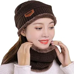 mukhaksh (Set = 1 Cap + 1 Scarf Ladies Women Girls Woolen Winter Brown Beanie Cap with Scarf (Neck Warmer) Winter Warm Hats-picture-40