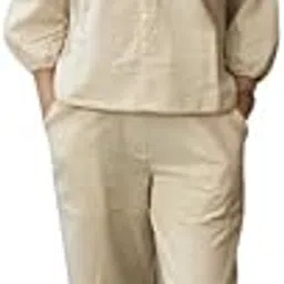vastradrobe Women's Solid Co-ord Set | Round Neck 3/4 Sleeve Co-Ord Set | Casual Wear Pant Top Set | Top & Pant Khadi Cotton Set for Women-picture-36