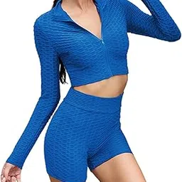 Workout Suit Knitting Yoga Clothes Top Long Sleeve for Fitness Running L Blue|Clothing, Shoes & Accessories-image-0