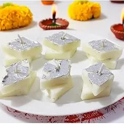 Candle Charm Decorative Kaju Katli Shaped Scented Candles with Silver Foil, Traditional Indian Sweet Design (Pack of 4), 100% Soy Wax-picture-12