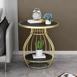 WuHouze Corner Table with Storage Shelf for Round Bedside Sofa Modern Coffee Table with Metal Frame and Wooden Tabletop for Living Room, Bedroom, Apartment, or Nightstand (Gold Black)-image-51