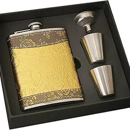 AUGEN Hip Flask Stainless Steel Leak Proof Gold Design Leather Stiched 8oz (230ml) Liquor Pocket Flasks or Alcoholic Beverage Holder Set with Two Shot Glasses and Funnel Gift Set-picture-23