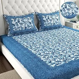 ColorKart Pure 100% Cotton Double Bed Sheet with 2 Pillow Covers (Bedsheet for Double Bed Cotton, Blue Butterfly Floral Jaipuri, King Size Summer 18-picture-22