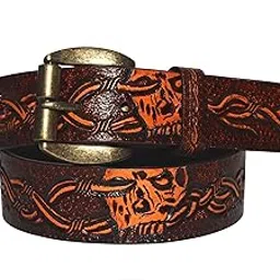 altunz Leather Belt with Embossed Skull Pattern, Antique Brass Buckle, Brown and Orange, Western Style-picture-42