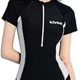 bnf Women Swimsuit Zip Front Snorkeling Suit Short Sleeve Swimming Suit Bodysuit S Black White-picture-34