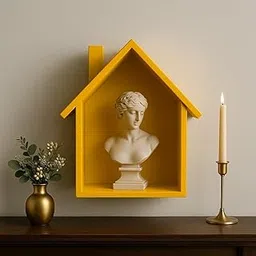 DELUX WOOD CARVER® Wooden House Shaped Wall Shelf | Decorative Storage Organizer Rack for Home, Living Room, Bedroom & Kids Room (10x8x8 Inch, Yellow)-picture-25