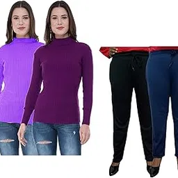 Women Winter Wear Combo Pack- Full Sleeves High Neck/Skivvy and Fleece Warm Lower/Track Pants (Purple, Purple, Black, Navy Blue,34) Pack of 4-image-79